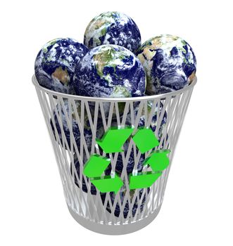 Many planet Earths sit in a recycling bin, representing the green movement