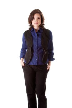 Beautiful young caucasian brunette business student woman standing with hands in pocket, wearing blue blouse and black jacket, isolated