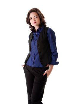 Beautiful young caucasian brunette business student woman standing with hands in pocket, wearing blue blouse and black jacket, isolated
