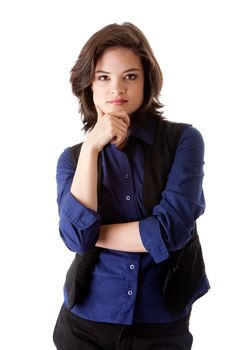 Beautiful young caucasian brunette business student woman arm crossed and hand on chin, wearing blue blouse and black jacket, isolated