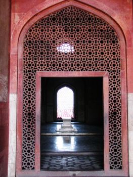 A view into the inside of a chamber in Humayun's Tomb in New Delhi, India.