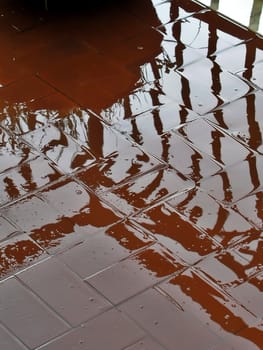 Reflections on wet pavement in the rain       