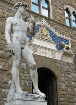 A copy of Michelangelo's David stands boldly in the Piazza Vecchio in Florence. The Palazzo Vecchio stands in the background.