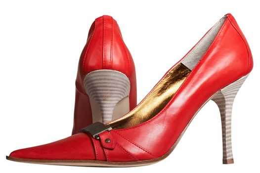 Red shoes on a high heel on a white background