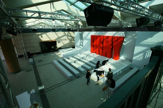 DKNY fashion show preparation in the Hong Kong Island Ferry Port building. 