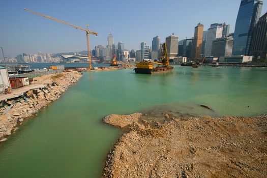 Construction underway of the new Hong Kong waterfront, that will change the Hong Kong Island skyline for ever. March 2008 Photo.