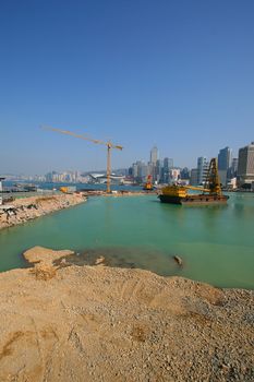 Construction underway of the new Hong Kong waterfront, that will change the Hong Kong Island skyline for ever. March 2008 Photo.