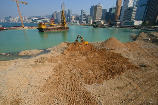 Construction underway of the new Hong Kong waterfront, that will change the Hong Kong Island skyline for ever. March 2008 Photo.