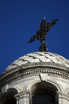 Stone buildings in Trinity College Dublin with Blue sky