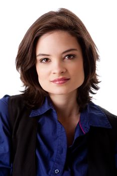 Face of a beautiful young caucasian business student woman in blue shirt, isolated