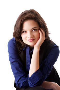 Face of a beautiful young caucasian business student woman in blue shirt leaning head on hand, isolated