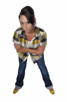 attractive young woman dressed in casual fashion on a white background