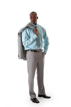 Handsome African American man in gray suit with smile standing with hand in pocket and blazer over shoulder, isolated