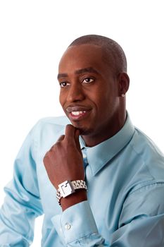 Face of a friendly African American business man in sea blue shirt, smiling and hand on chin with silver watch on wrist, isolated
