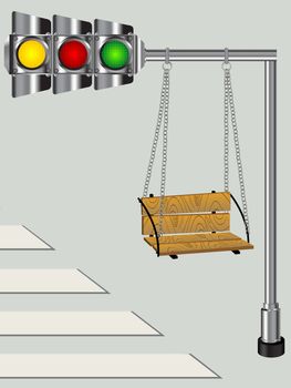 Children swing on a bended traffic lights pole, conceptual graphic