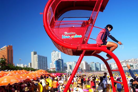 Life guards on duty at Haeundae Beach, Busan, South Korea. At the height of summer more than a million people are estimated to visit Haeundae during the weekend. Photo taken on August 15th 2009.
