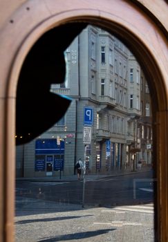 broken window in the historic center of Prague