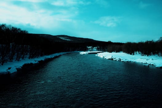 The winter river in Russia on Kamchatka