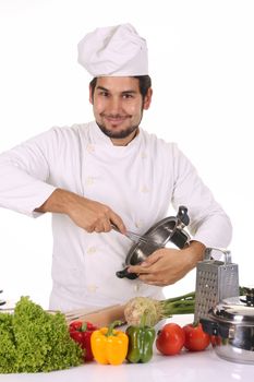 young chef preparing lunch on white background