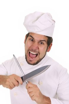 Mad chef sharpening a knife with sharpener