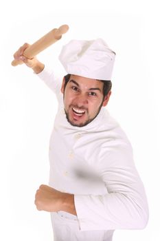 Mad chef with rolling pin on white background