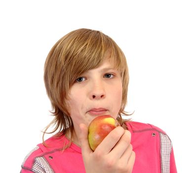 teenager with apple isolated on white background                               