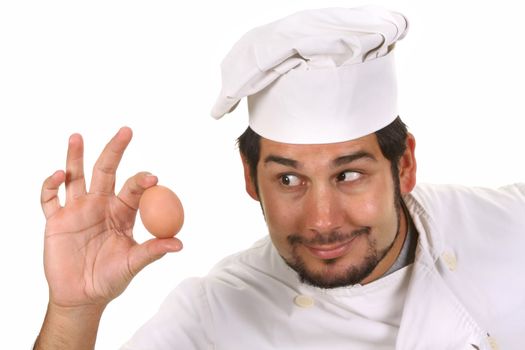 young funny chef with egg, isolated on white