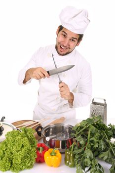 chef sharpening a knife with sharpener