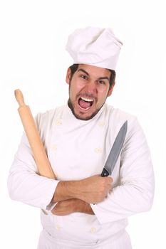 Mad chef with rolling pin and knife 