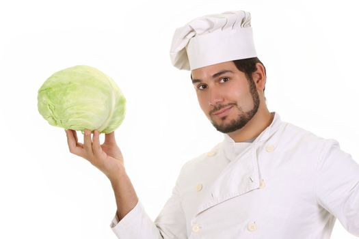 young chef with on fresh green cabbage