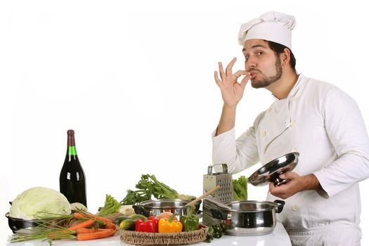 young chef preparing lunch on white background