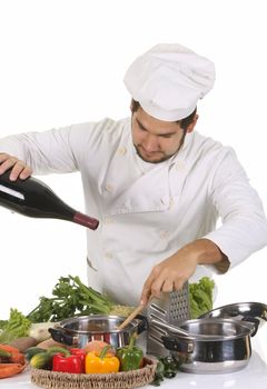 young chef preparing lunch on white background