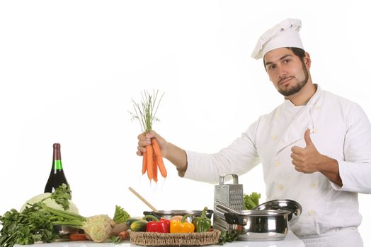 young chef preparing lunch on white background