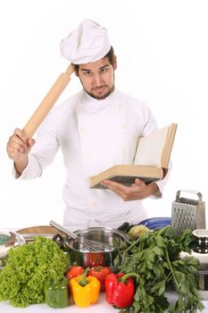 young chef preparing lunch on white background