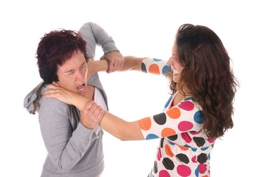 Two young woman fighting over a white background