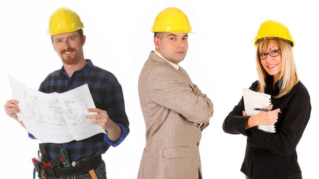 construction worker, businessman and architect on white background