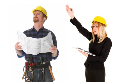 construction worker pointing on architectural plans and architect 