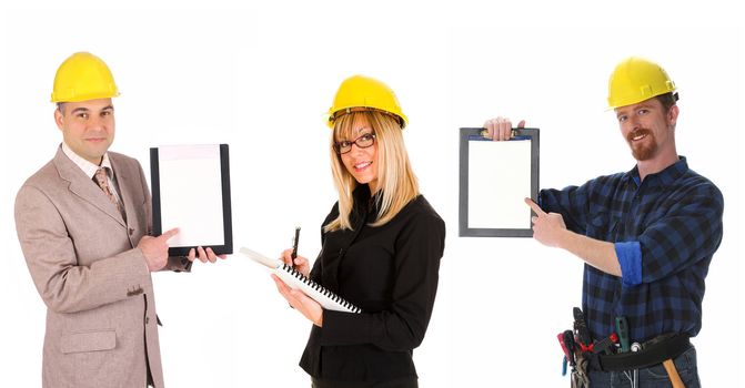 businesswoman, businessman and construction worker on white background