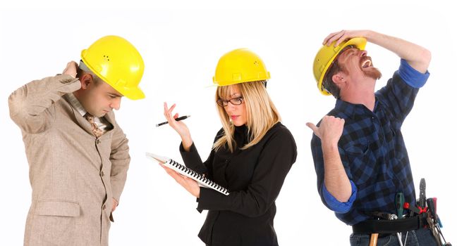 angry businesswoman and architect with architectural plans and construction worker tittering