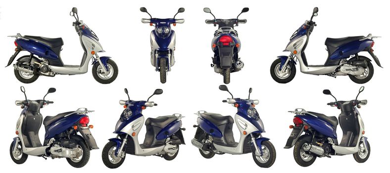 Collection of photos of scooters and motorcycles on a white background. Some images from different foreshortenings in one file.