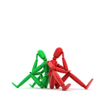 two lay figures in red and green sitting on a white ground thinking