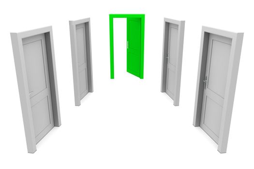 abstract hallway with gray doors - one open green door at the end of the corridor