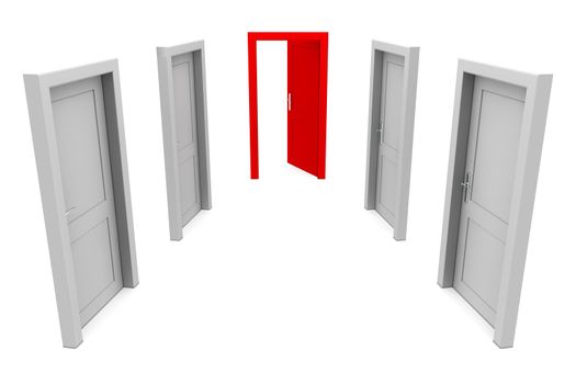 abstract hallway with four gray doors - one open red door at the end of the corridor