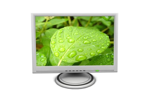 flat screen lcd computer monitor with a green status led and green lef with morning dew on screen