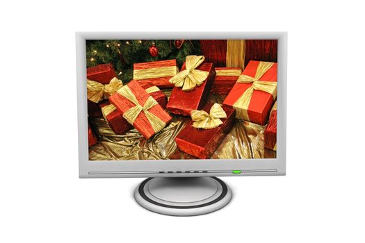 flat screen lcd computer monitor with a green status led and red gift boxes on screen