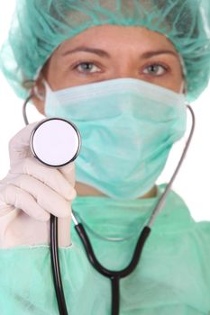 healthcare worker with stethoscope on white background