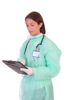 healthcare worker with documents on white background