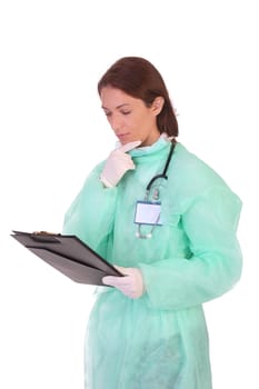 healthcare worker with documents on white background