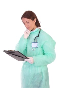 healthcare worker with documents on white background