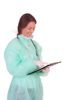 healthcare worker with documents on white background